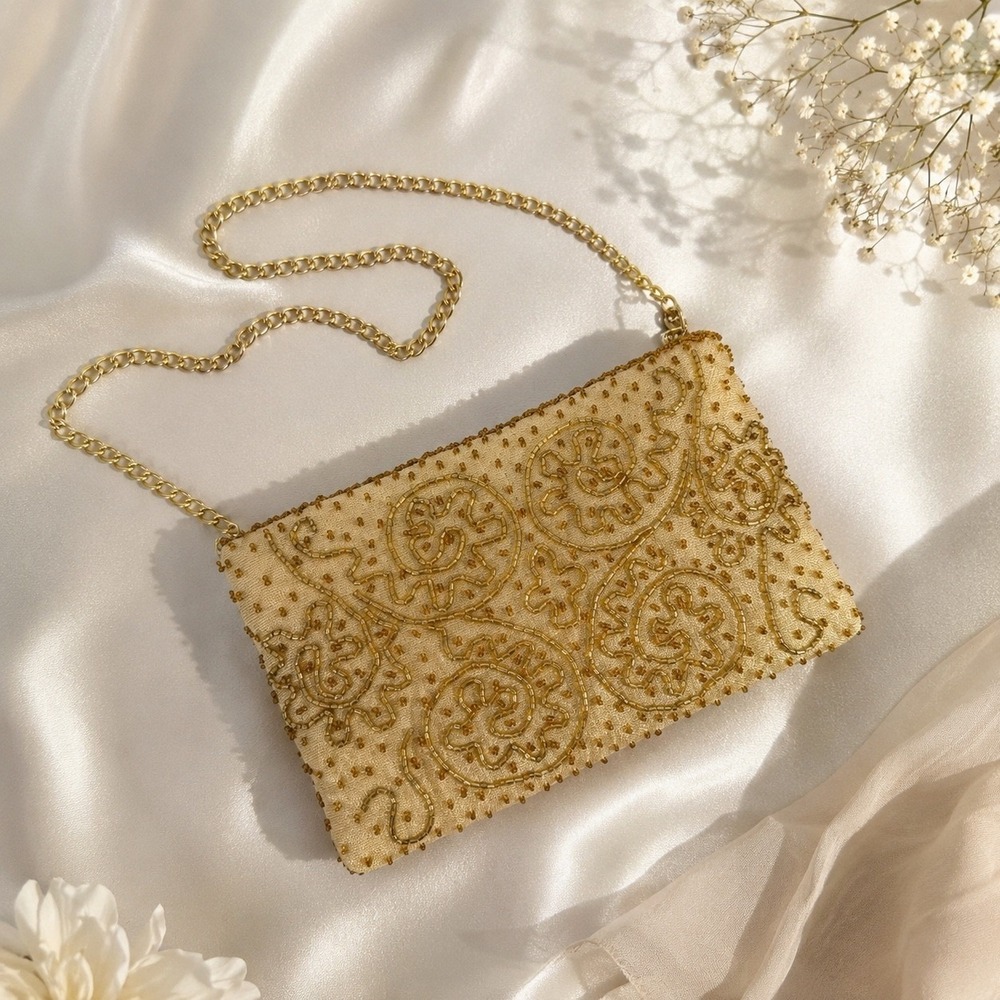 La Regale Gold Beaded Evening Clutch Bag‎ Vintage Style Formal Chain Strap